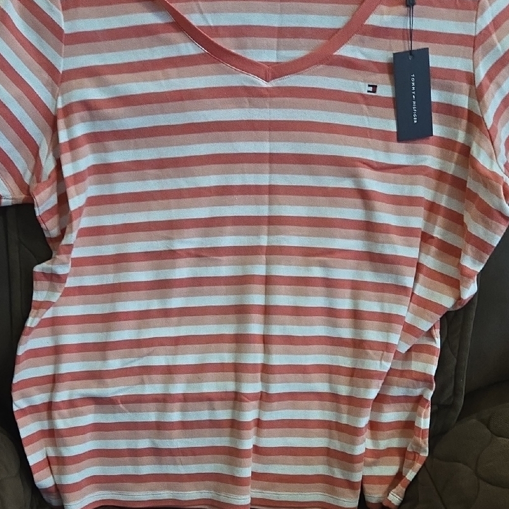 Tommy Hilfiger Coral and White Striped Tee
